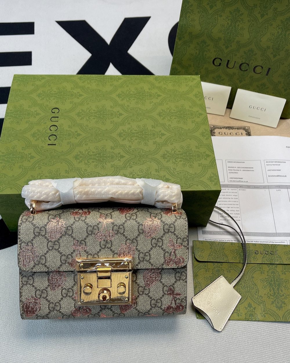 1:1 Replica Gucci Padlock Small Gucci Strawberry Shoulder Bag Beige For Women, Women's Bags 7.9in/20cm GG