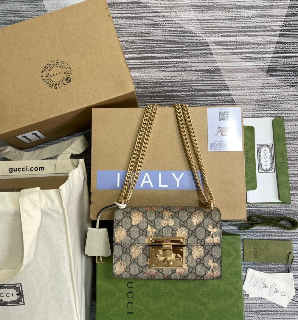 1:1 Replica Gucci Padlock Small Gucci Strawberry Shoulder Bag Beige For Women, Women's Bags 7.9in/20cm GG