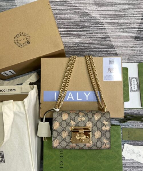 1:1 Replica Gucci Padlock Small Gucci Strawberry Shoulder Bag Beige For Women, Women's Bags 7.9in/20cm GG