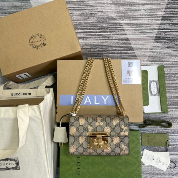 1:1 Replica Gucci Padlock Small Gucci Strawberry Shoulder Bag Beige For Women, Women's Bags 7.9in/20cm GG