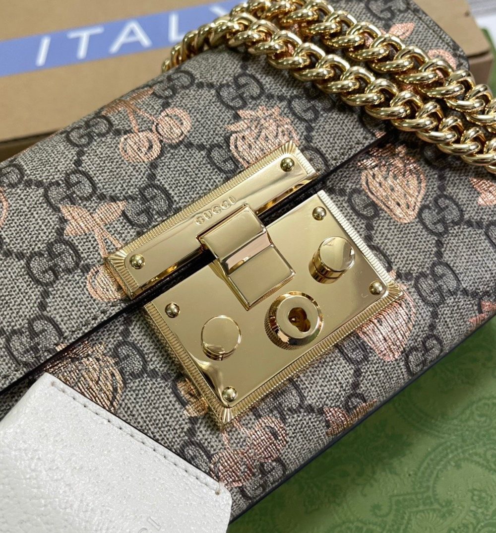 1:1 Replica Gucci Padlock Small Gucci Strawberry Shoulder Bag Beige For Women, Women's Bags 7.9in/20cm GG
