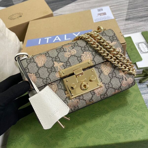 1:1 Replica Gucci Padlock Small Gucci Strawberry Shoulder Bag Beige For Women, Women's Bags 7.9in/20cm GG