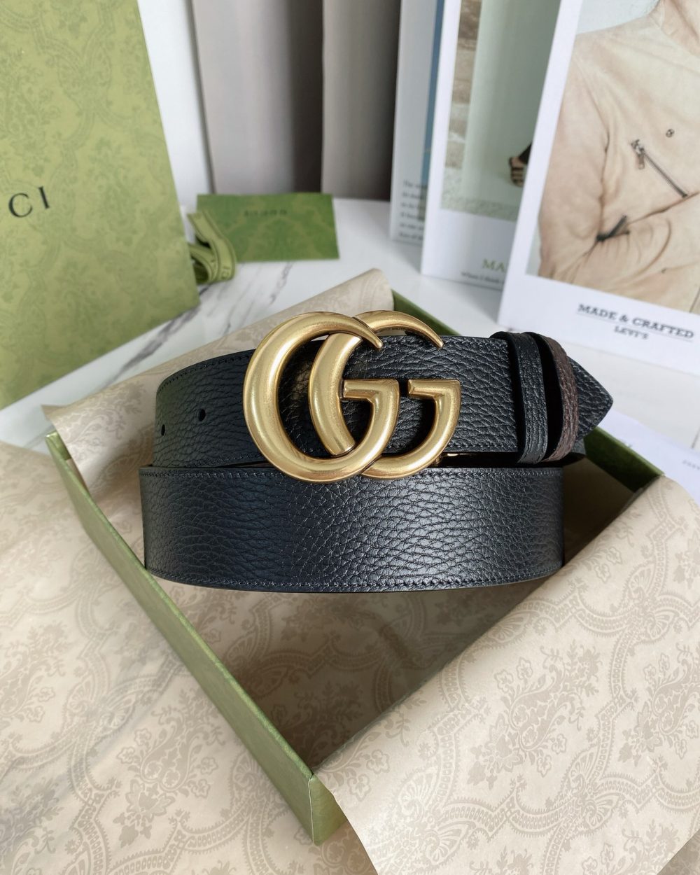 1:1 Replica Gucci Reversible Belt With Double G Buckle Black/Light Brown, GG Women Belt 643847 CAO2T 8170