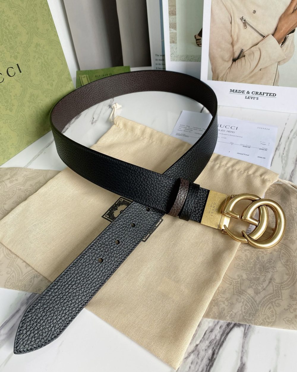 1:1 Replica Gucci Reversible Belt With Double G Buckle Black/Light Brown, GG Women Belt 643847 CAO2T 8170