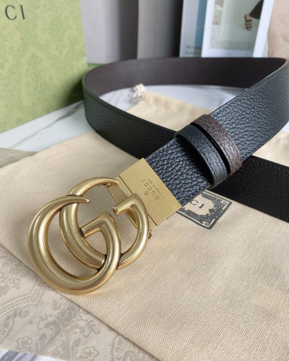 1:1 Replica Gucci Reversible Belt With Double G Buckle Black/Light Brown, GG Women Belt 643847 CAO2T 8170