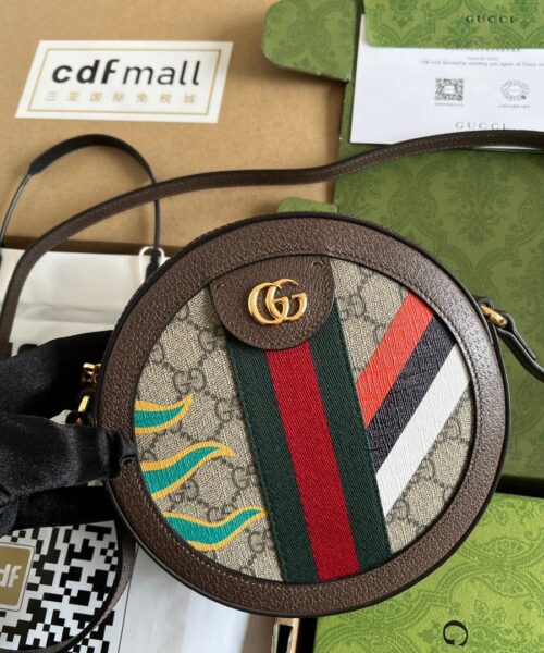 1:1 Replica Gucci Round Shoulder Bag With Double G Beige And Ebony Supreme Canvas With Stripes And Flames Print Brown For Women 7,5in/19cm ‎574978 UQHNE 9885