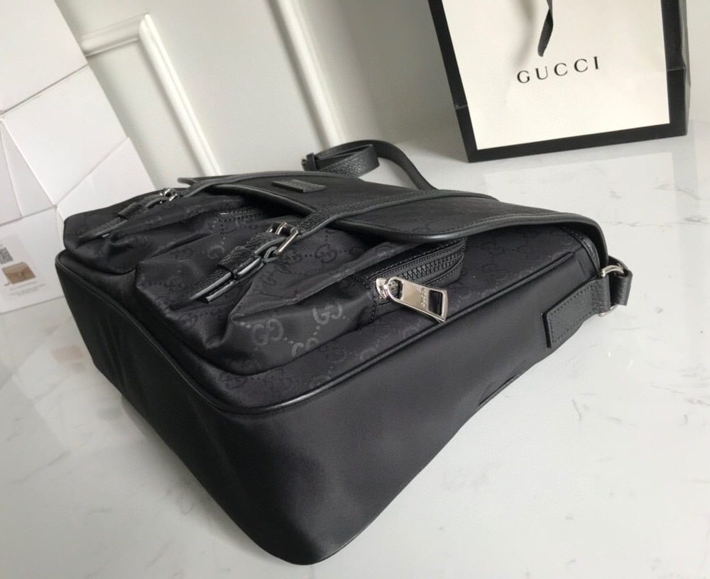 1:1 Replica Gucci Shoulder Bag Nylon Shima Black GG Embossed For Men 13.8in/35cm GG