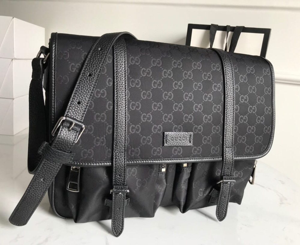 1:1 Replica Gucci Shoulder Bag Nylon Shima Black GG Embossed For Men 13.8in/35cm GG
