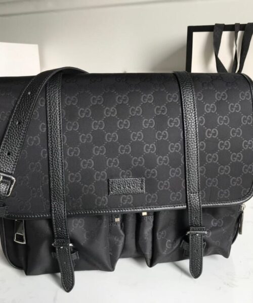 1:1 Replica Gucci Shoulder Bag Nylon Shima Black GG Embossed For Men 13.8in/35cm GG