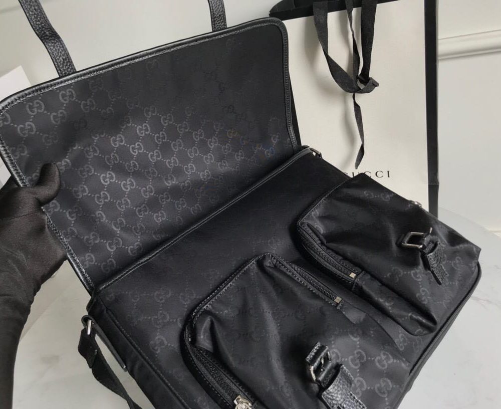 1:1 Replica Gucci Shoulder Bag Nylon Shima Black GG Embossed For Men 13.8in/35cm GG