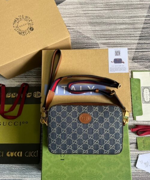 1:1 Replica Gucci Shoulder Bag With Interlocking G Blue And Ivory GG Denim Jacquard For Women  9.6in/24.5cm GG