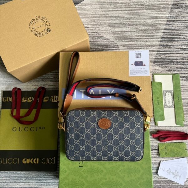 1:1 Replica Gucci Shoulder Bag With Interlocking G Blue And Ivory GG Denim Jacquard For Women  9.6in/24.5cm GG