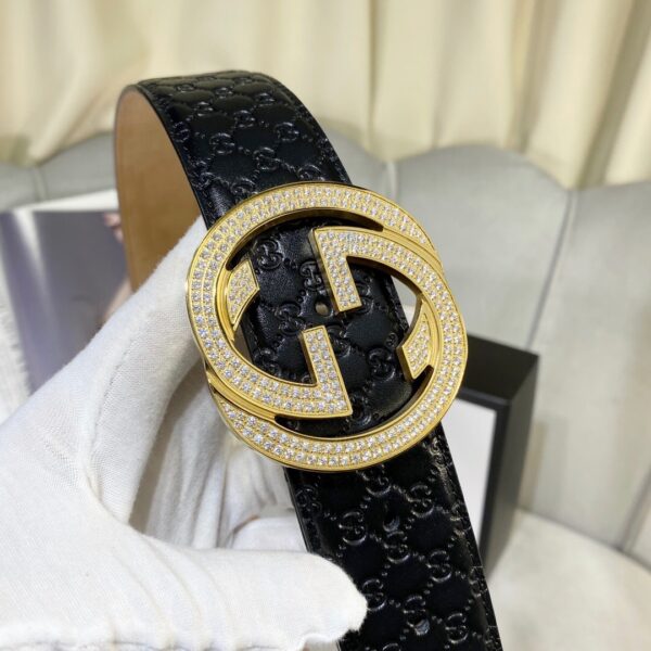 1:1 Replica Gucci Signature Belt With Crystal Interlocking G Buckle Black For Women, Women Belt