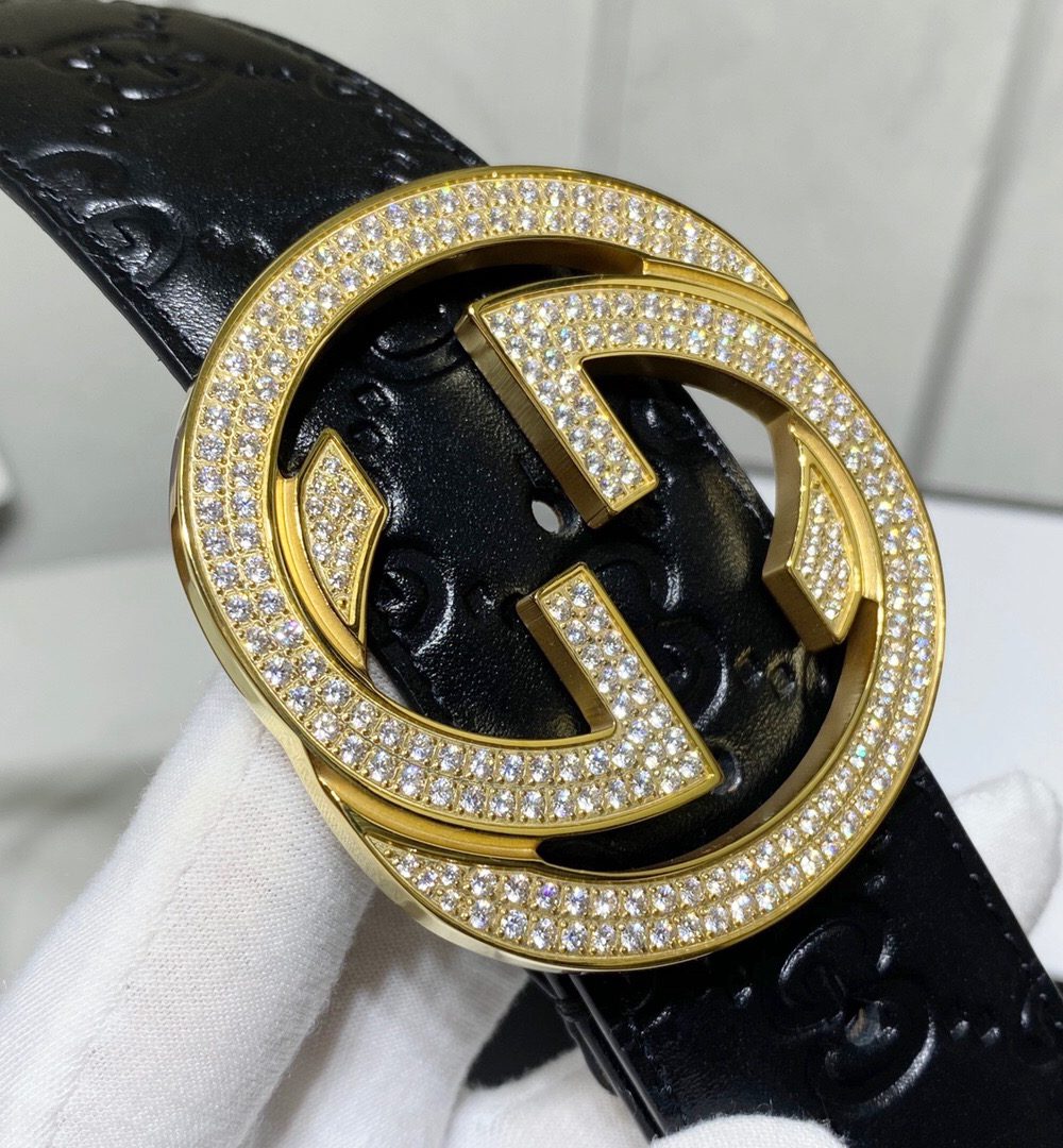 1:1 Replica Gucci Signature Belt With Crystal Interlocking G Buckle Black For Women, Women Belt
