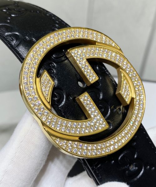 1:1 Replica Gucci Signature Belt With Crystal Interlocking G Buckle Black For Women, Women Belt