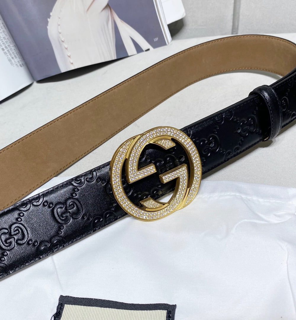 1:1 Replica Gucci Signature Belt With Crystal Interlocking G Buckle Black For Women, Women Belt