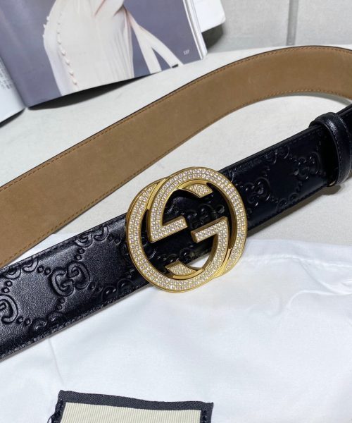 1:1 Replica Gucci Signature Belt With Crystal Interlocking G Buckle Black For Women, Women Belt