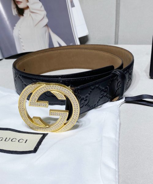 1:1 Replica Gucci Signature Belt With Crystal Interlocking G Buckle Black For Women, Women Belt