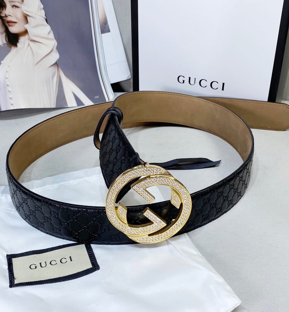 1:1 Replica Gucci Signature Belt With Crystal Interlocking G Buckle Black For Women, Women Belt