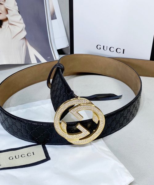 1:1 Replica Gucci Signature Belt With Crystal Interlocking G Buckle Black For Women, Women Belt