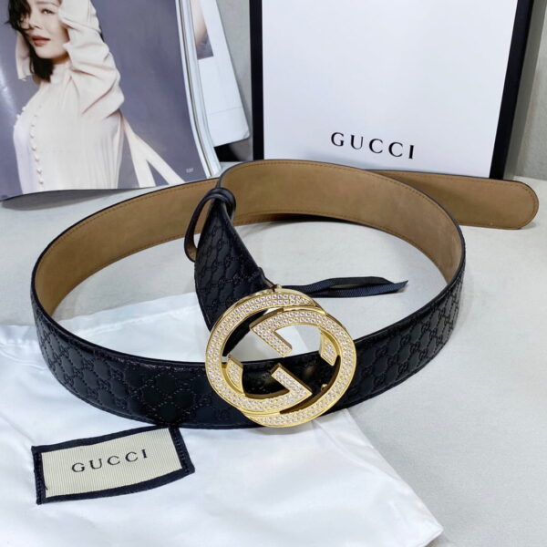 1:1 Replica Gucci Signature Belt With Crystal Interlocking G Buckle Black For Women, Women Belt