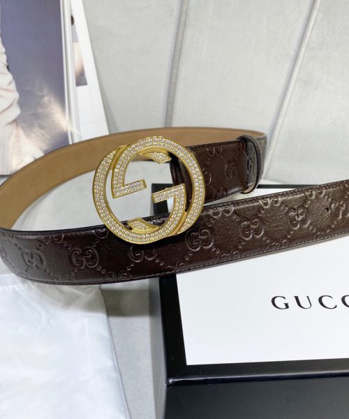 1:1 Replica Gucci Signature Belt With Crystal Interlocking G Buckle Brown For Women, Women Belt