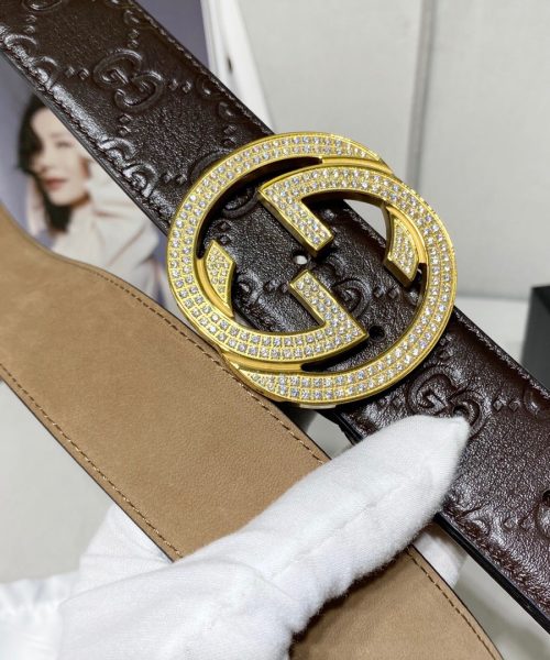 1:1 Replica Gucci Signature Belt With Crystal Interlocking G Buckle Brown For Women, Women Belt