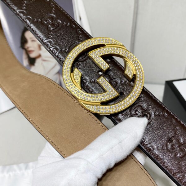 1:1 Replica Gucci Signature Belt With Crystal Interlocking G Buckle Brown For Women, Women Belt