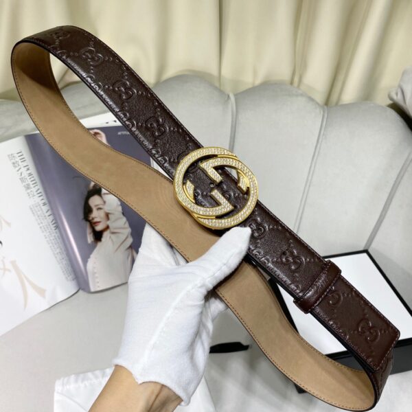 1:1 Replica Gucci Signature Belt With Crystal Interlocking G Buckle Brown For Women, Women Belt