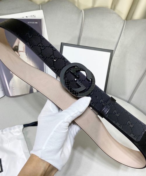 1:1 Replica Gucci Signature Belt With Patterned Interlocking G Buckle Black For Women, Women Belt