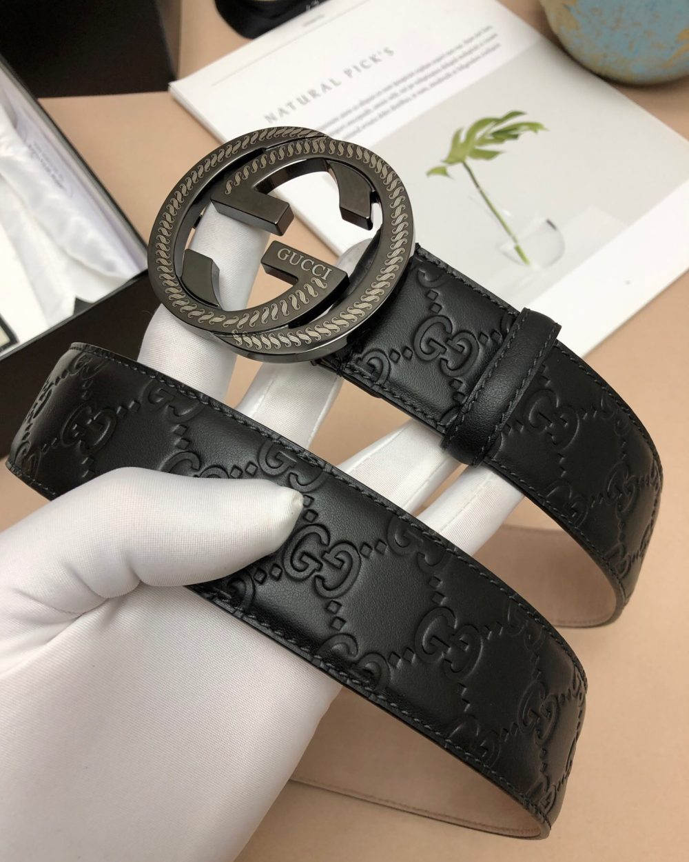 1:1 Replica Gucci Signature Belt With Patterned Interlocking G Buckle Black For Women, Women Belt