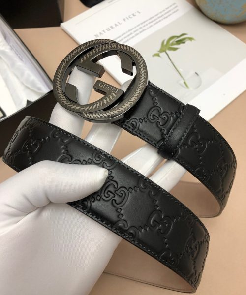 1:1 Replica Gucci Signature Belt With Patterned Interlocking G Buckle Black For Women, Women Belt