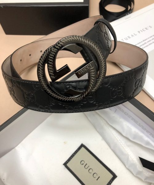 1:1 Replica Gucci Signature Belt With Patterned Interlocking G Buckle Black For Women, Women Belt