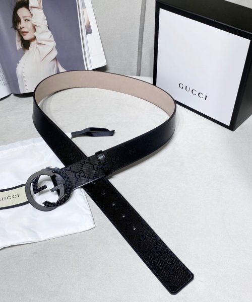 1:1 Replica Gucci Signature Belt With Patterned Interlocking G Buckle Black For Women, Women Belt