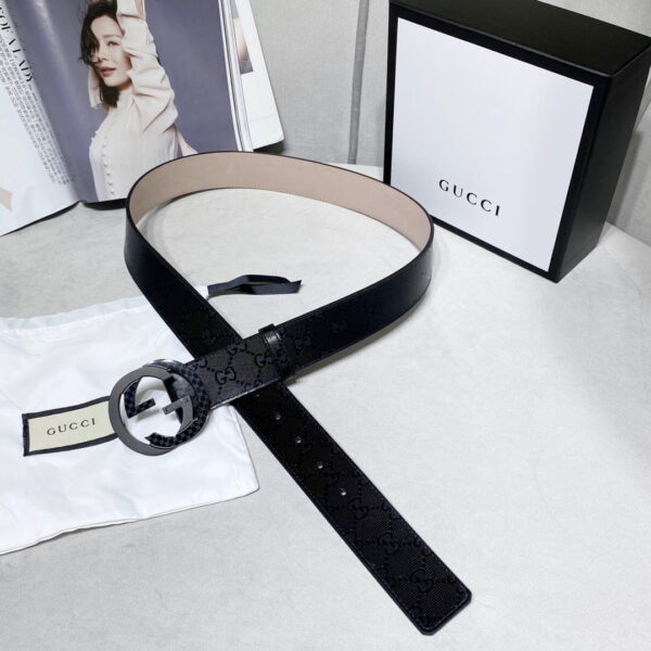 1:1 Replica Gucci Signature Belt With Patterned Interlocking G Buckle Black For Women, Women Belt