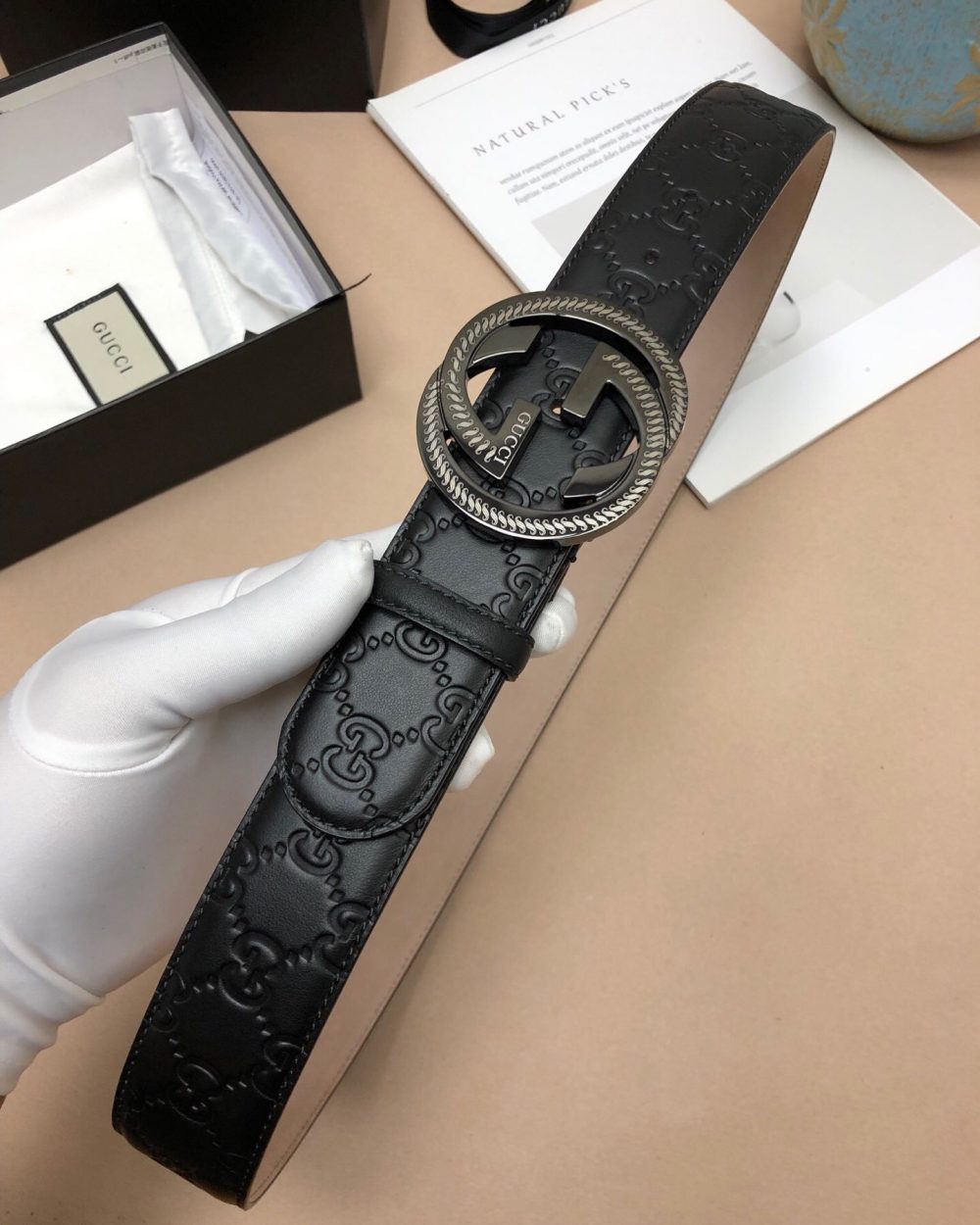1:1 Replica Gucci Signature Belt With Patterned Interlocking G Buckle Black For Women, Women Belt
