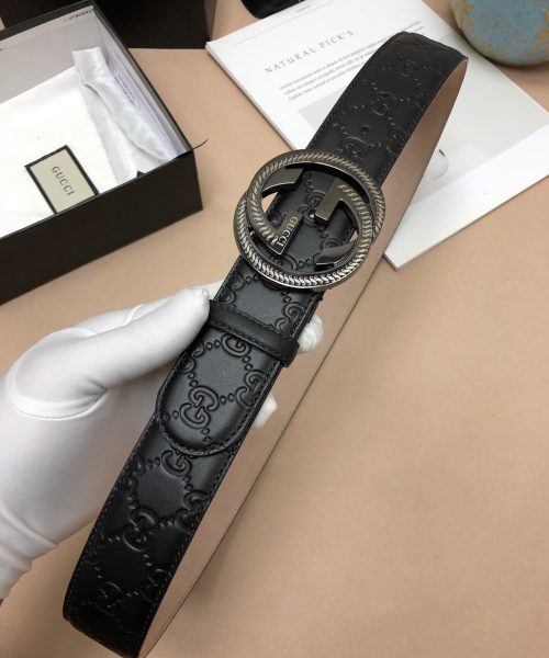 1:1 Replica Gucci Signature Belt With Patterned Interlocking G Buckle Black For Women, Women Belt