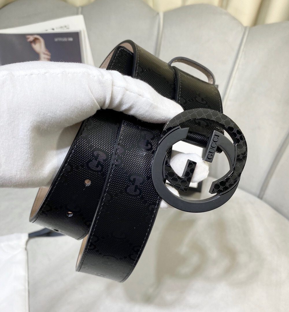 1:1 Replica Gucci Signature Belt With Patterned Interlocking G Buckle Black For Women, Women Belt