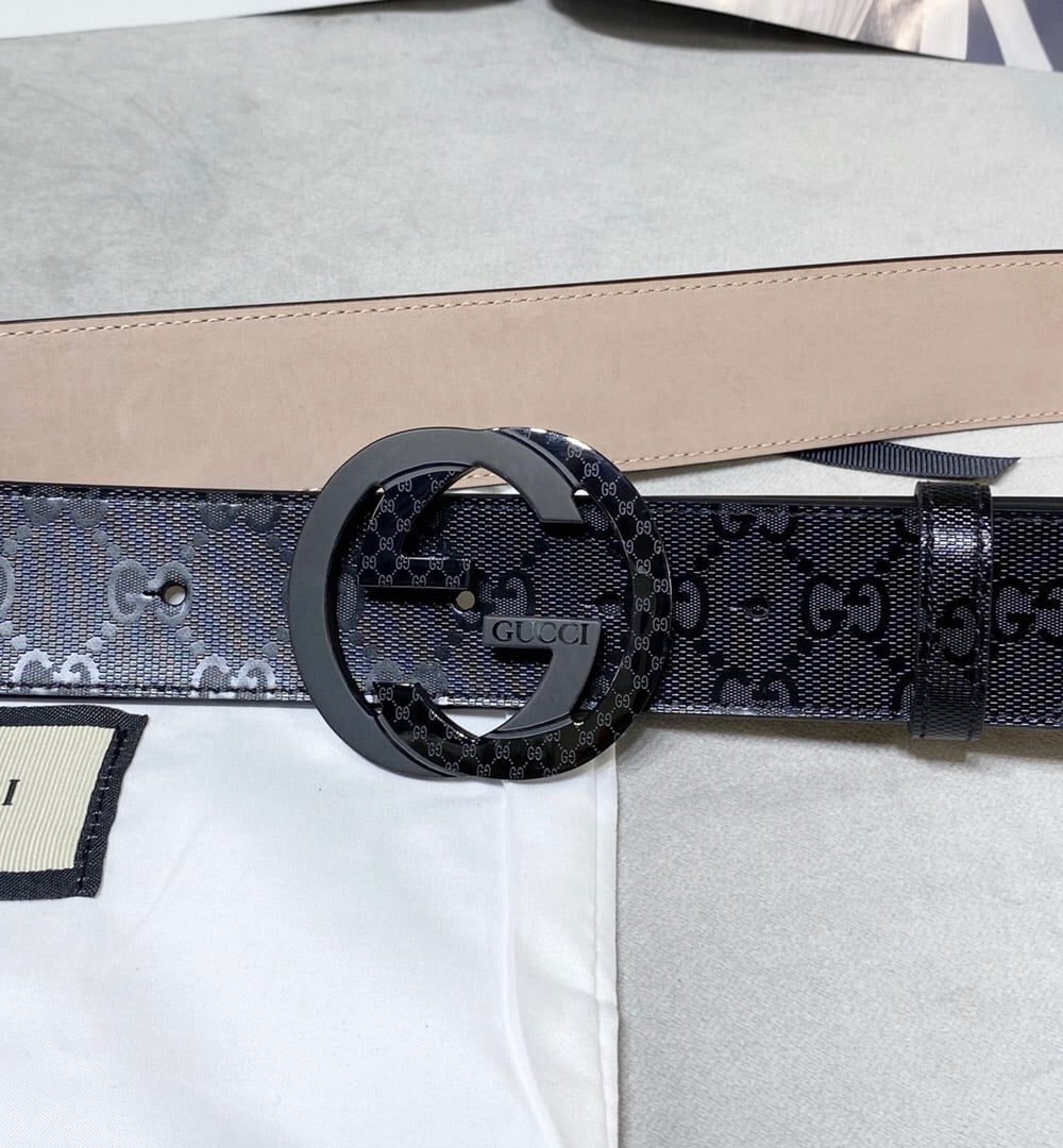 1:1 Replica Gucci Signature Belt With Patterned Interlocking G Buckle Black For Women, Women Belt