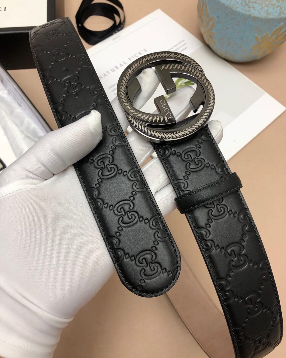 1:1 Replica Gucci Signature Belt With Patterned Interlocking G Buckle Black For Women, Women Belt