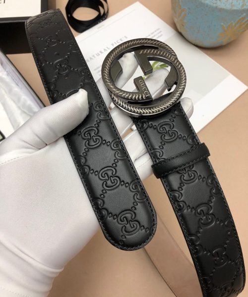 1:1 Replica Gucci Signature Belt With Patterned Interlocking G Buckle Black For Women, Women Belt