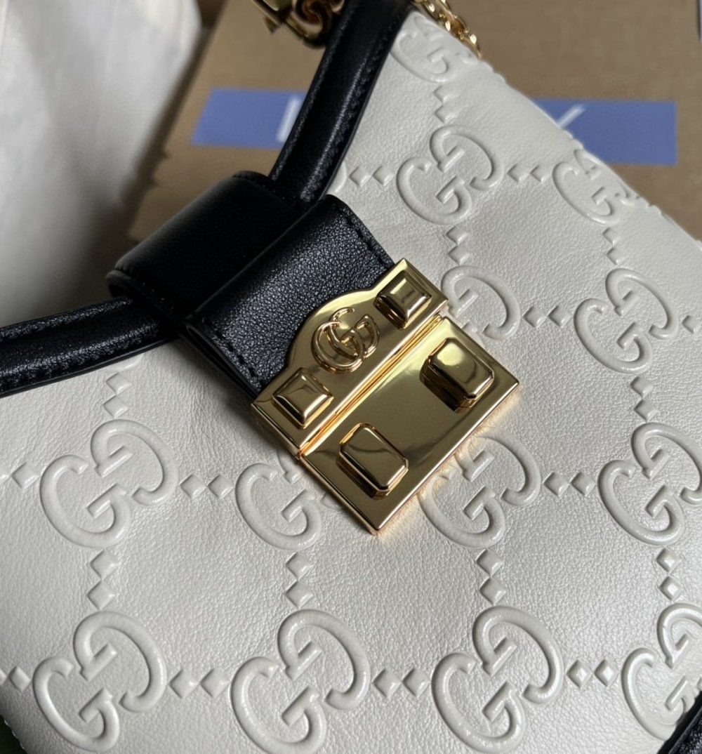 1:1 Replica Gucci Small GG Shoulder Bag White Debossed For Women 9.8in/25cm 675788 GG UD9AX 9099