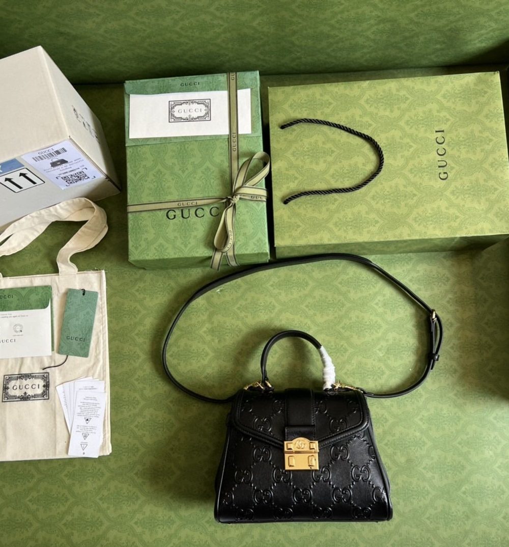 1:1 Replica Gucci Small GG Top Handle Bag Black Debossed For Women 11in/29cm GG 675791 UD9AG 1000