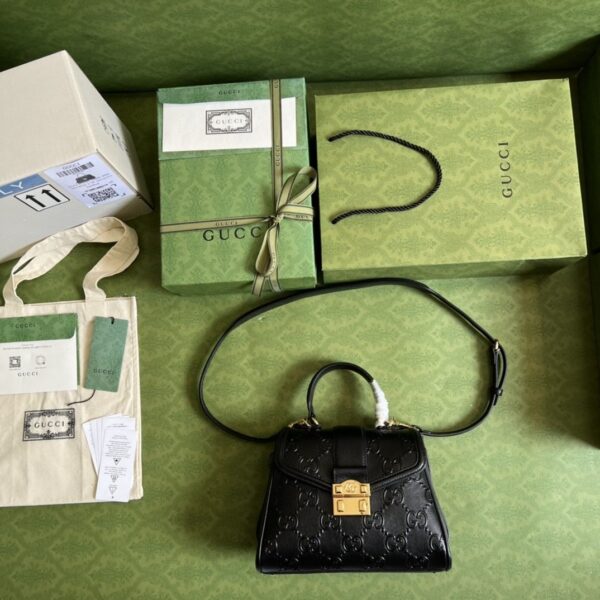 1:1 Replica Gucci Small GG Top Handle Bag Black Debossed For Women 11in/29cm GG 675791 UD9AG 1000