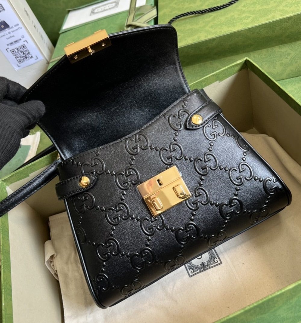 1:1 Replica Gucci Small GG Top Handle Bag Black Debossed For Women 11in/29cm GG 675791 UD9AG 1000