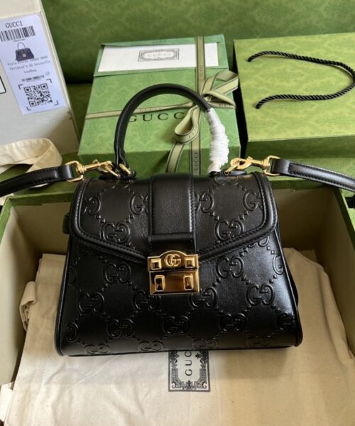 1:1 Replica Gucci Small GG Top Handle Bag Black Debossed For Women 11in/29cm GG 675791 UD9AG 1000