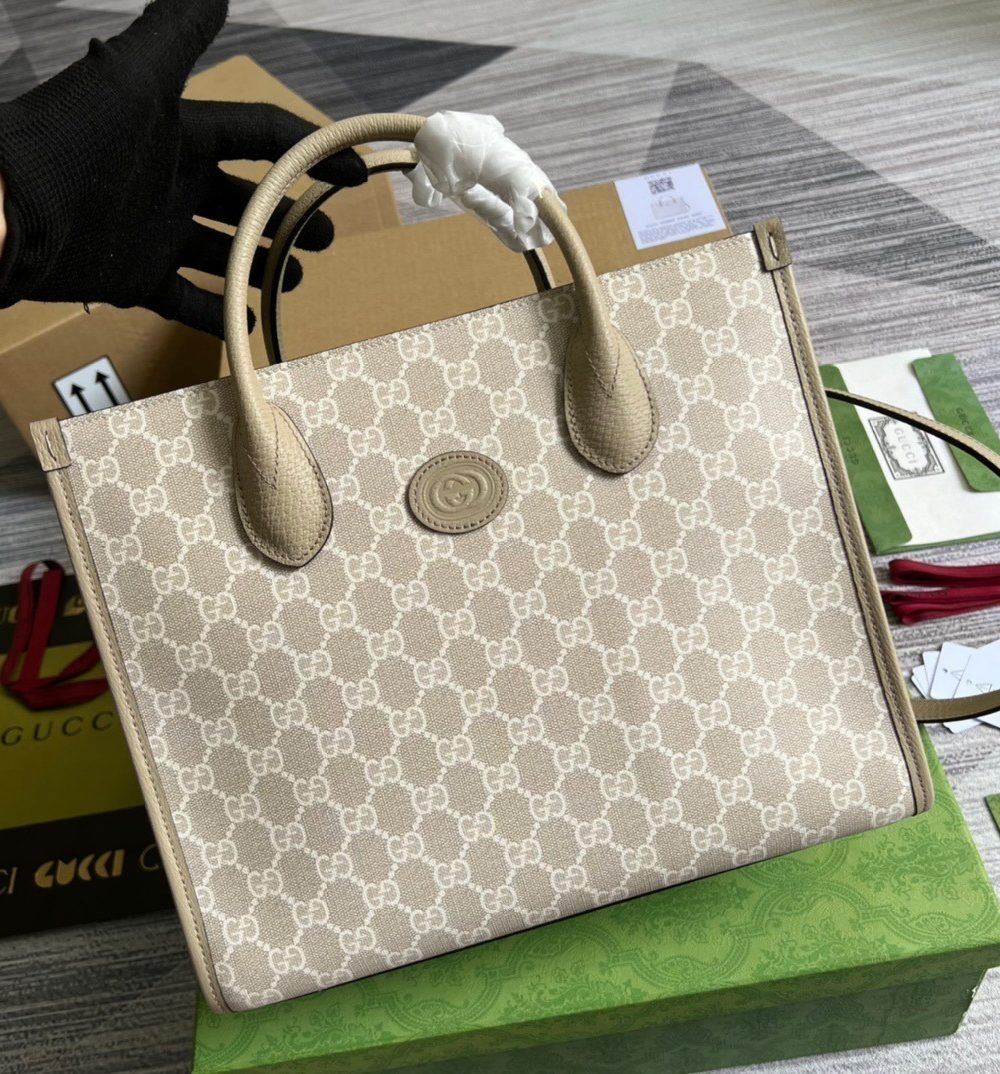 1:1 Replica Gucci Small Tote Bag With Interlocking G Beige For Women, Women's Bags 12.2in/31cm GG ‎659983 UULBT 9683