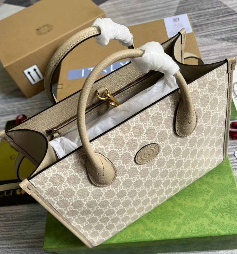 1:1 Replica Gucci Small Tote Bag With Interlocking G Beige For Women, Women's Bags 12.2in/31cm GG ‎659983 UULBT 9683