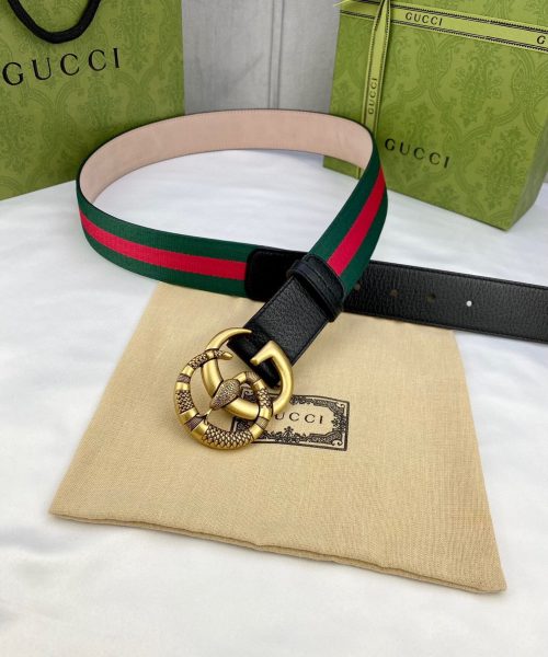 1:1 Replica Gucci Web Belt With Double G Snake Buckle Green/Red Web Fabric And Black For Women, Women Belt