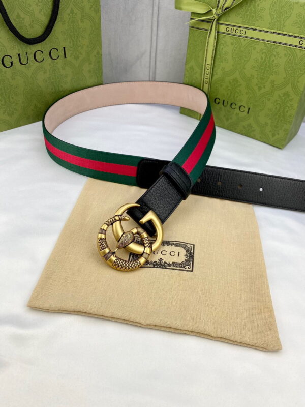 1:1 Replica Gucci Web Belt With Double G Snake Buckle Green/Red Web Fabric And Black For Women, Women Belt
